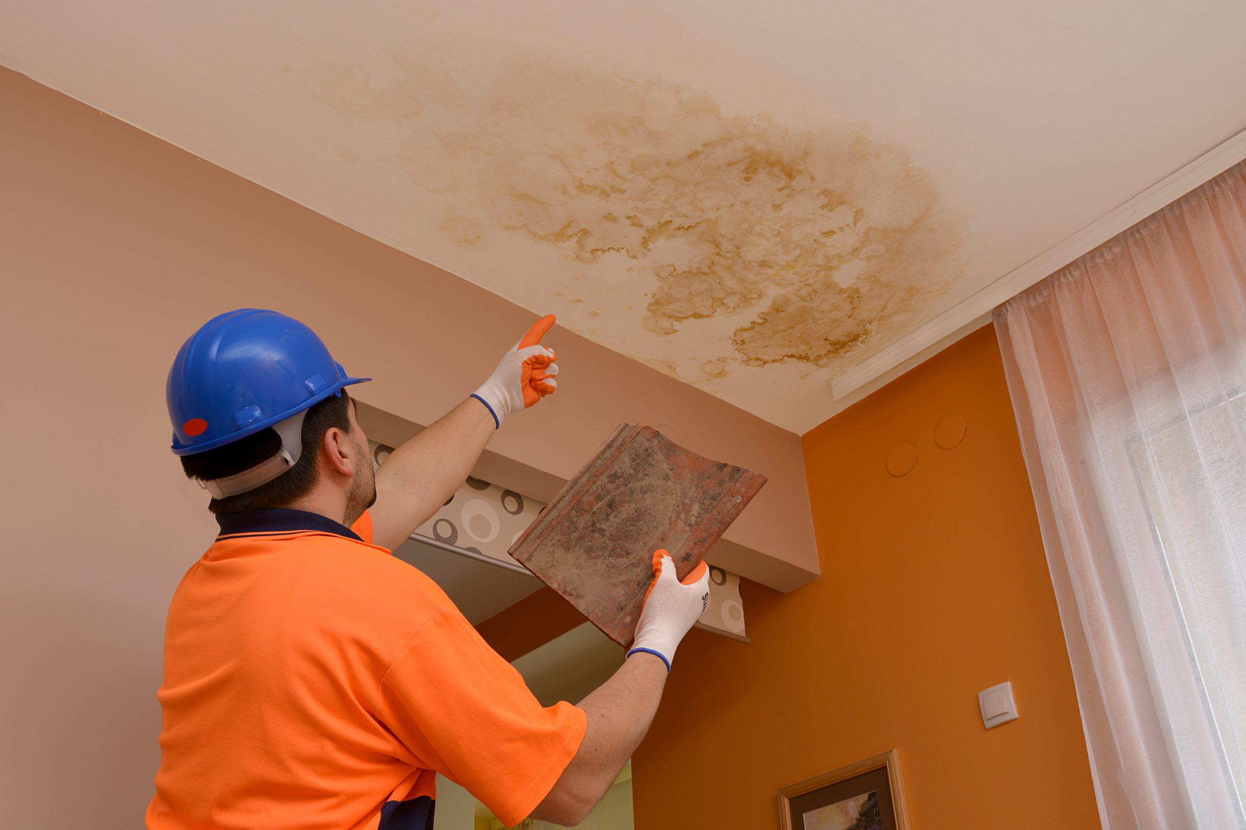 construction worker points to the place where the leaked water, Roof Leak that caused water damage in mobile Alabama